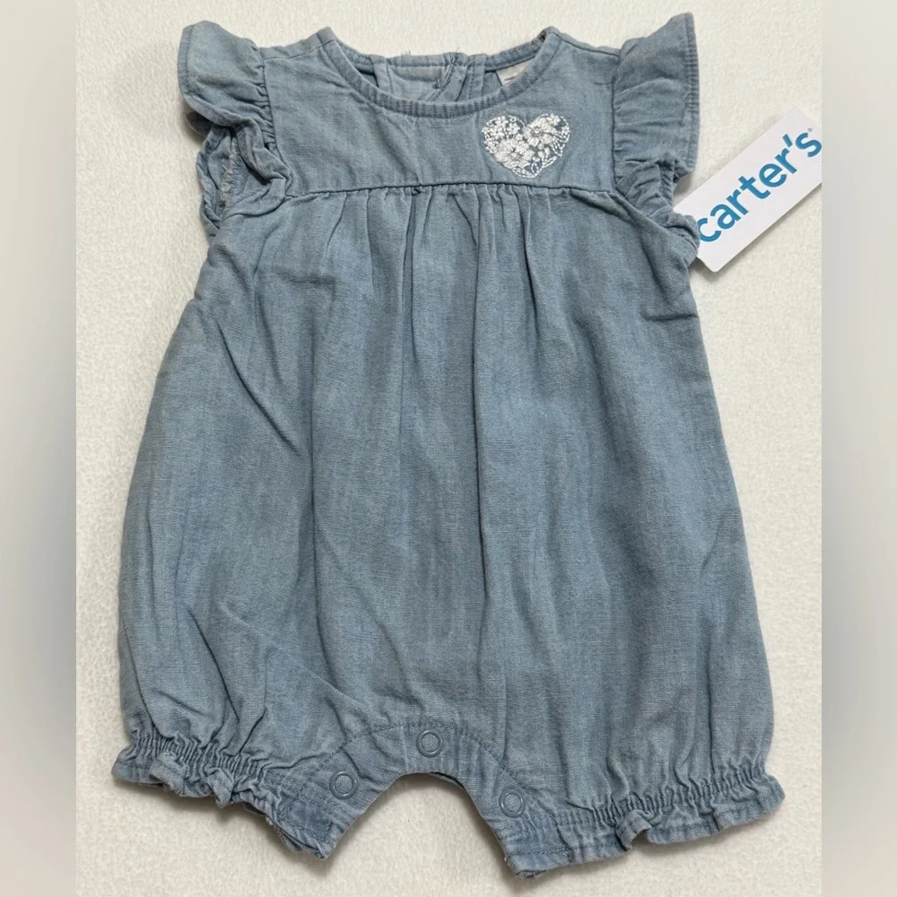 Carter’s Newborn (0M) Chambray Romper with Heart Detail - NWT
